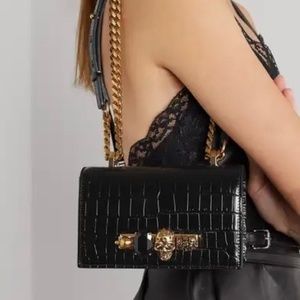 Alexander McQueen Jeweled Croc Embossed Satchel Black